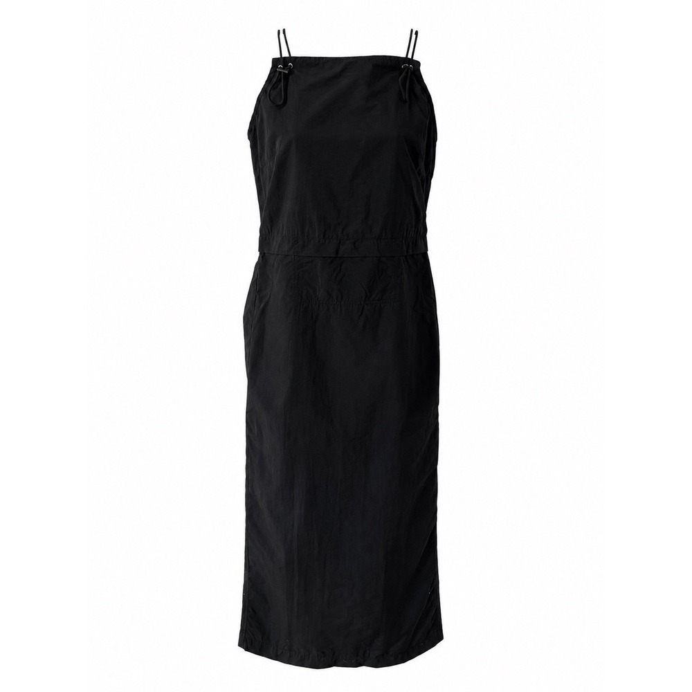 Mexx Women Black Nylon Midi Dress Techwear Gorpcore Square Neck Strappy Size 6